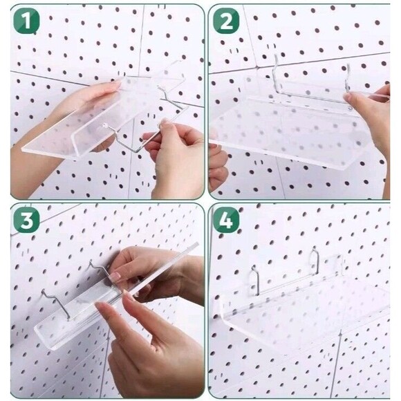 4 Set Pegboard Shelf Clear Acrylic Shelf with Metal Hooks Peg Board Organizer Ac - Picture 5 of 10